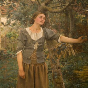 Cropped painting showing tired woman looking blankly up while stretching out her hand.